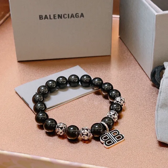 Balenciaga Double-B Pulsera con colgante Negra Plata Perlada Monograma 7