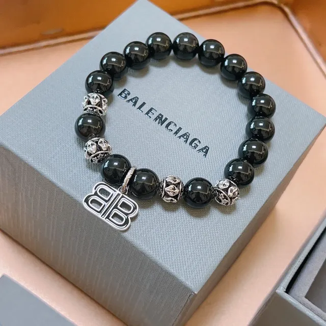 Balenciaga Double-B Pulsera con colgante Negra Plata Perlada Monograma 9