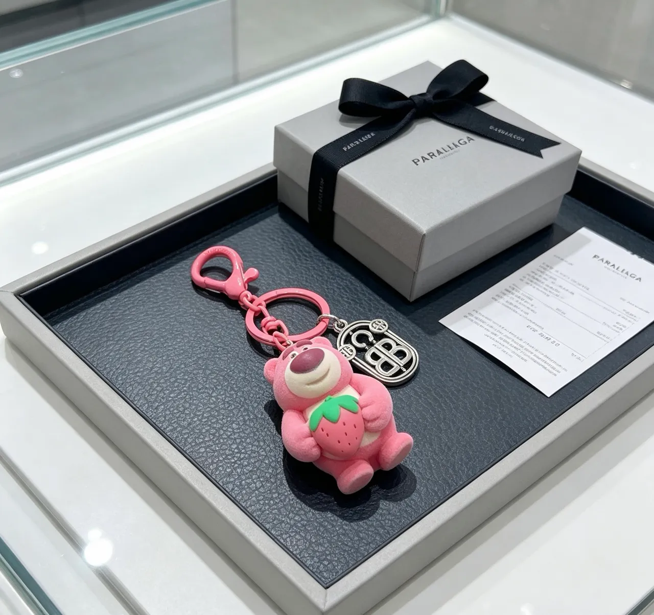 Balenciaga Pink Silver Plush Bear Figurine Strawberry Motif Phone Case 2