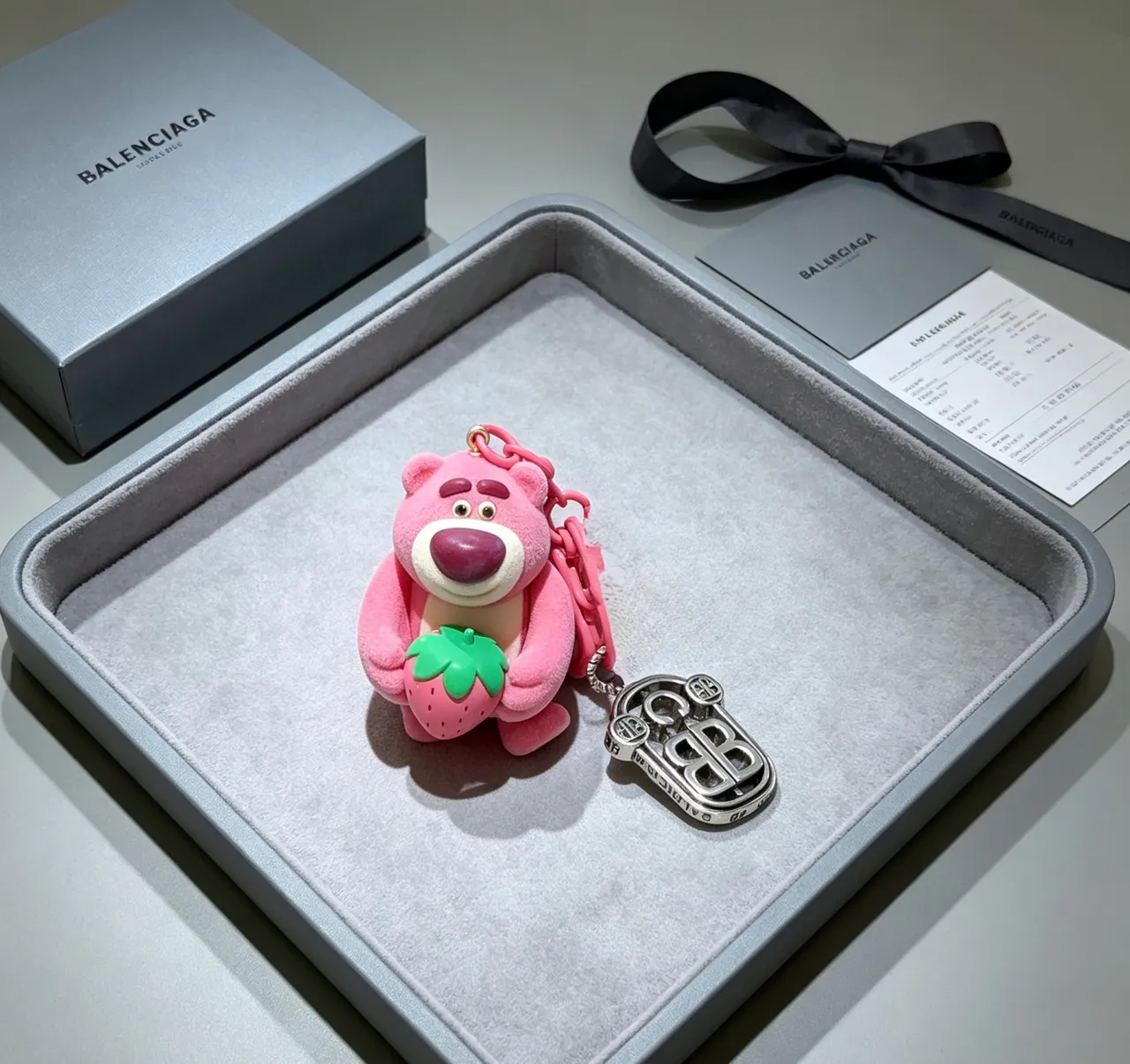 Balenciaga Pink Silver Plush Bear Figurine Strawberry Motif Phone Case 3