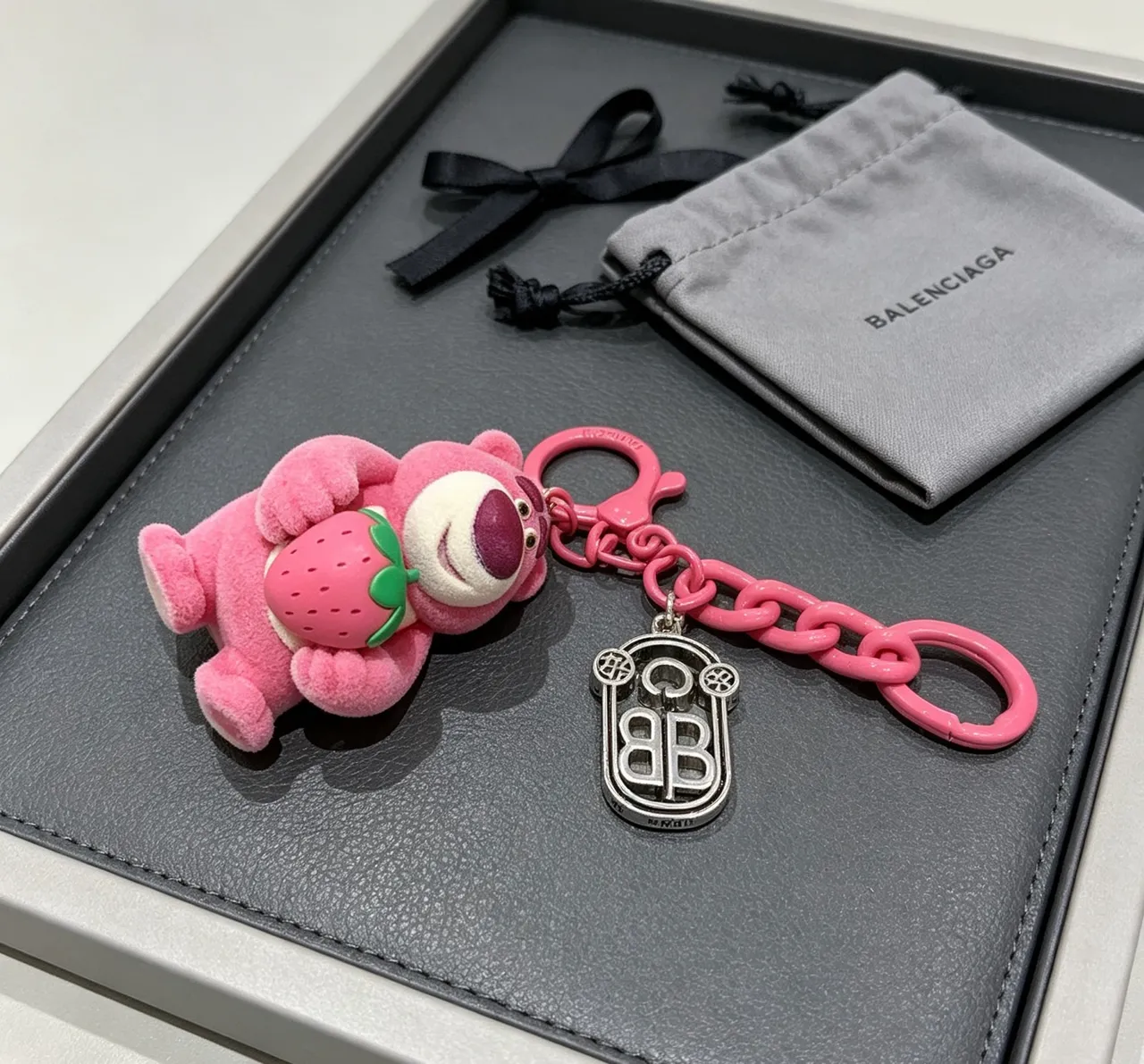 Balenciaga Pink Silver Plush Bear Figurine Strawberry Motif Phone Case 4