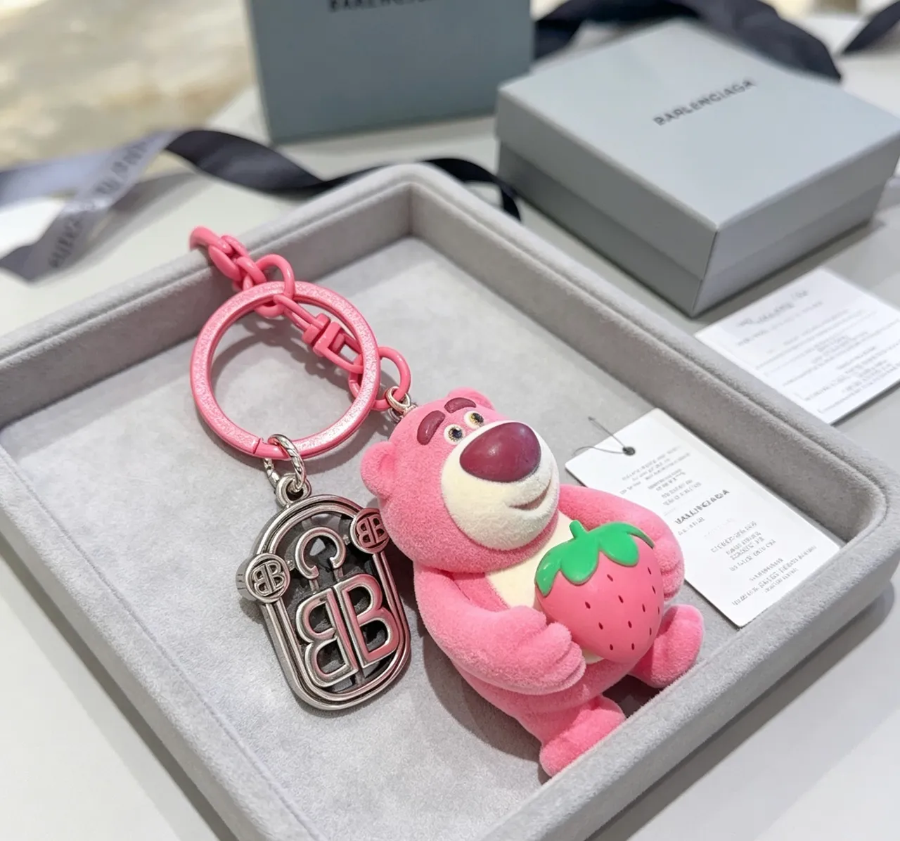 Balenciaga Pink Silver Plush Bear Figurine Strawberry Motif Phone Case 5