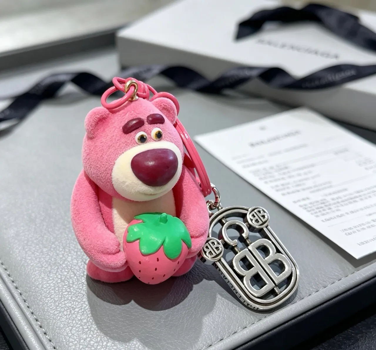Balenciaga Pink Silver Plush Bear Figurine Strawberry Motif Phone Case 6