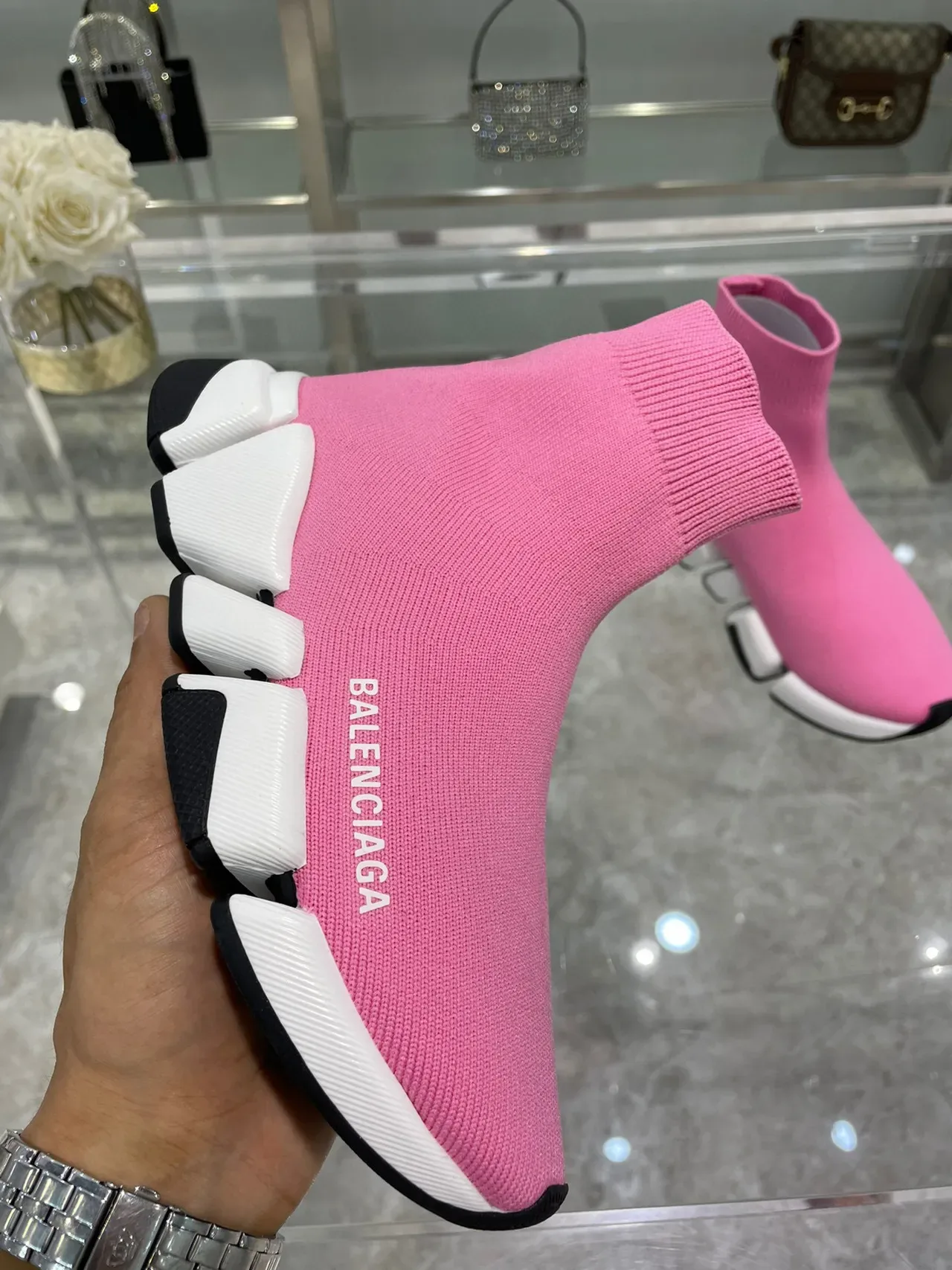 Balenciaga Speed Trainer حذاء رياضي أسلوب حياة بتصميم جورب وردي 5