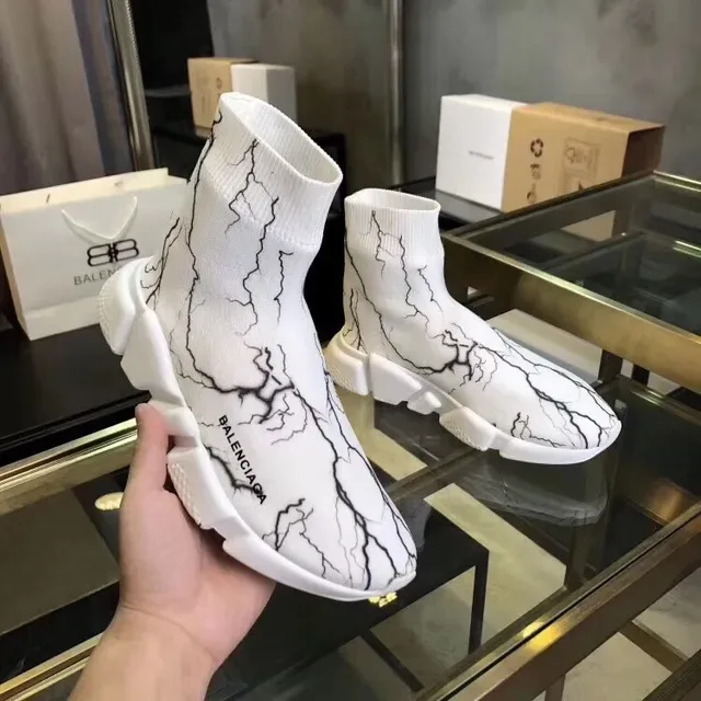 Balenciaga Speed Trainer Branco Preto Crackle Marble Tênis Lifestyle 4