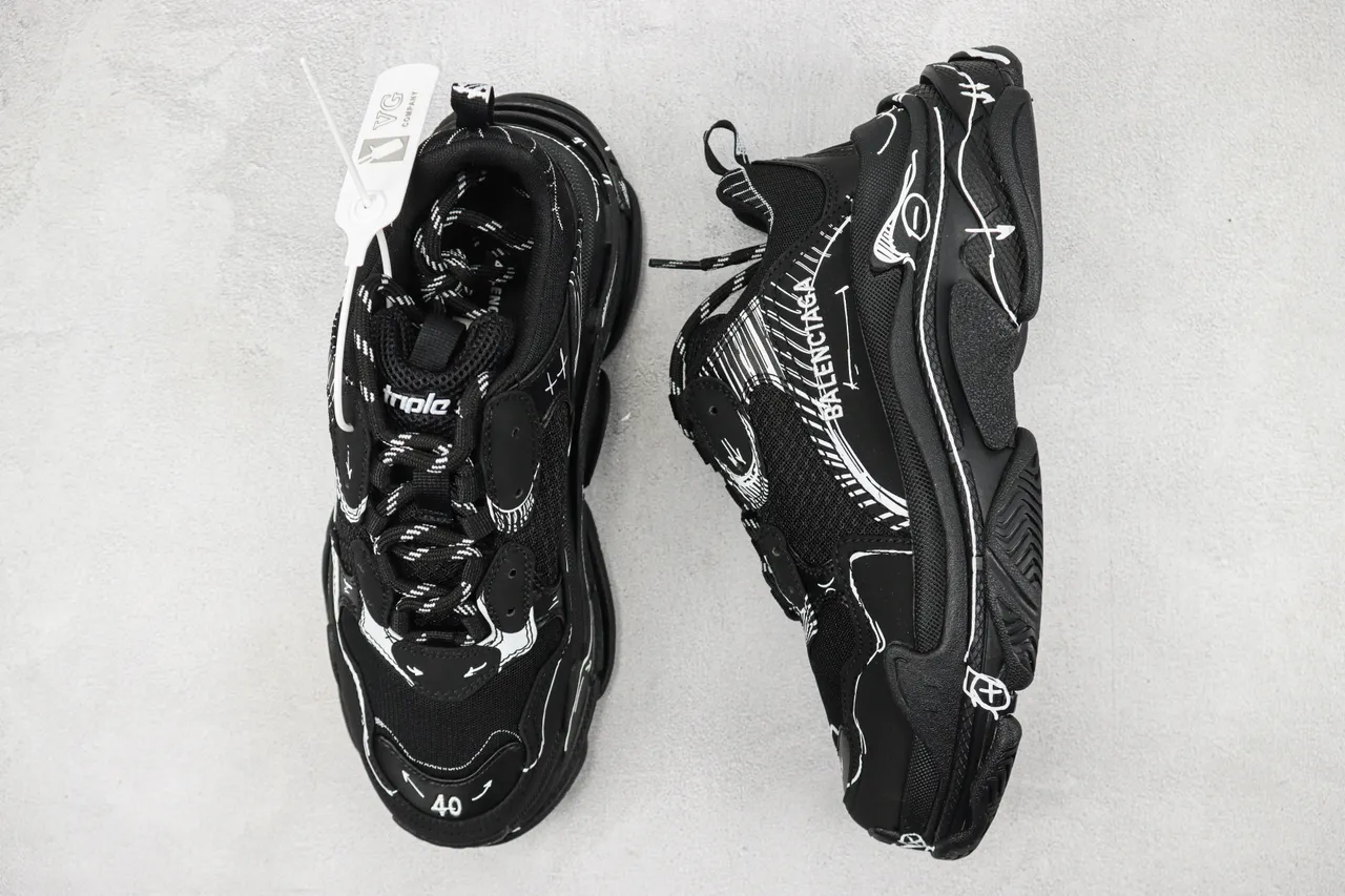 Balenciaga Track Black White Oversized Sole Line-Art Graphics Chunky Sneakers 3