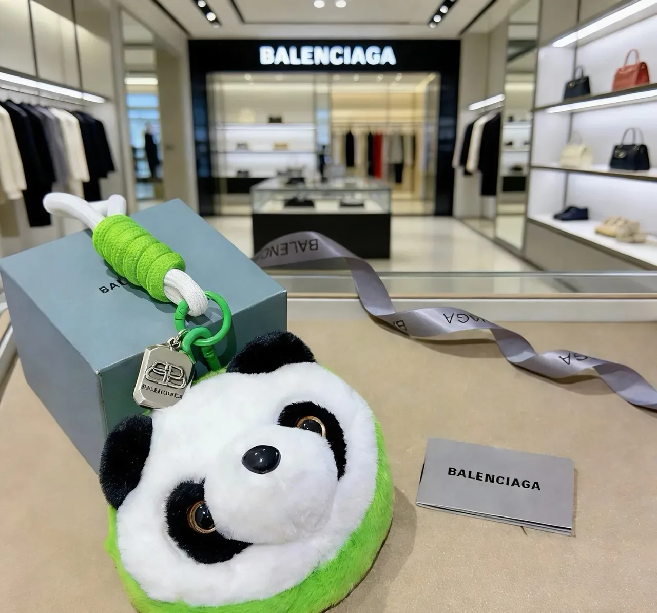 Balenciaga White Green Plush Panda Head Circular Silhouette Handbag 3
