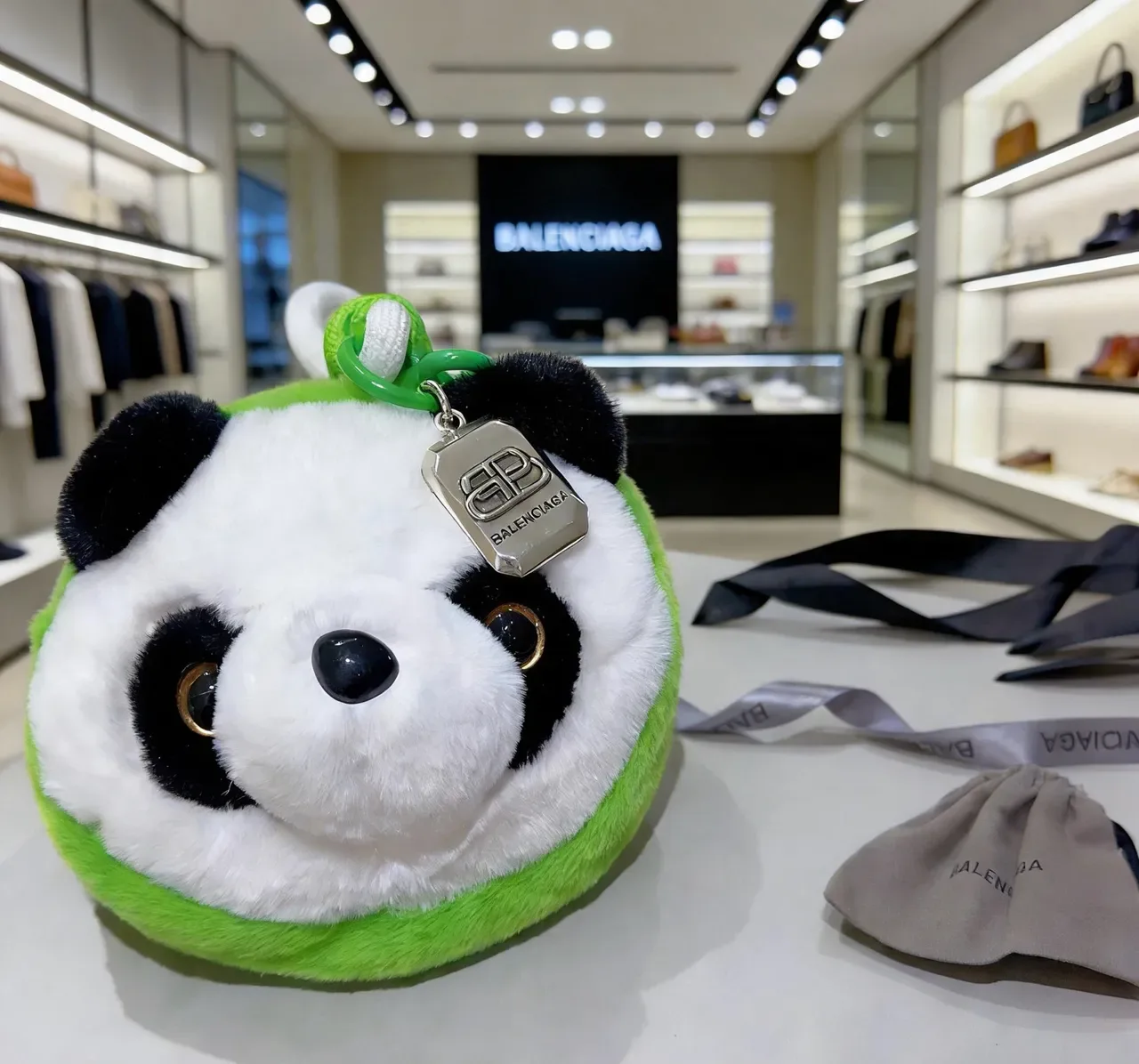 Balenciaga White Green Plush Panda Head Circular Silhouette Handbag 4
