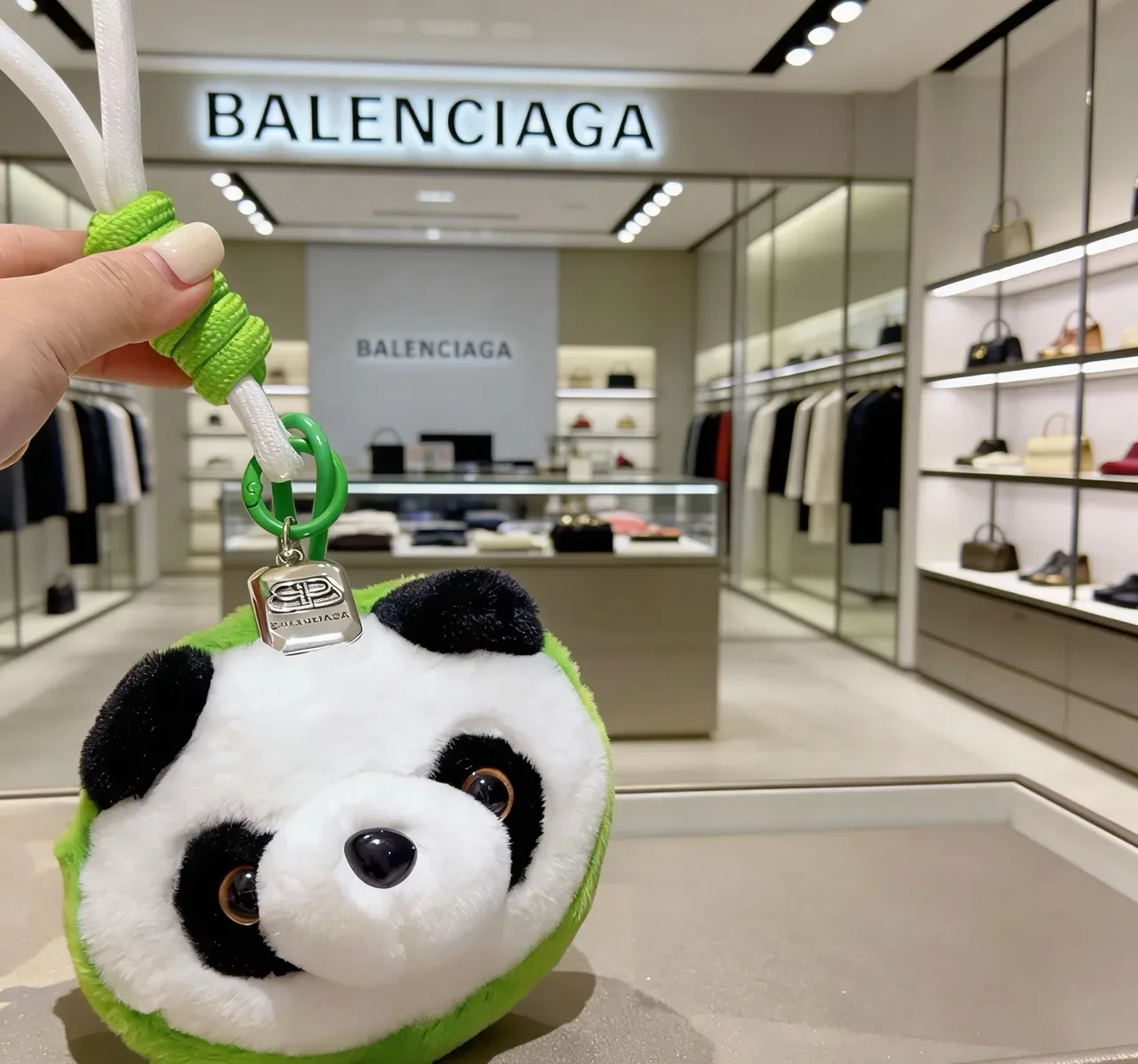 Balenciaga White Green Plush Panda Head Circular Silhouette Handbag 5