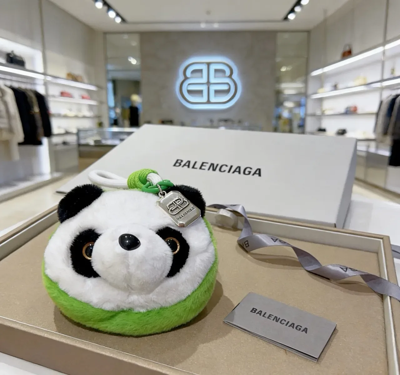 Balenciaga White Green Plush Panda Head Circular Silhouette Handbag 6