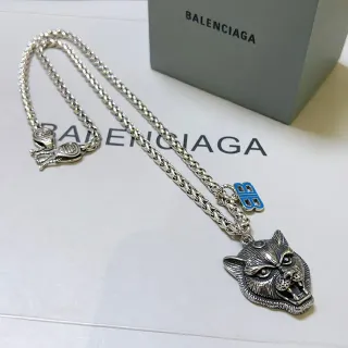 Collar Balenciaga Cabeza de Lobo Plata Azul Gruesa Cadena Trenzada Esculpido Colgante Collar