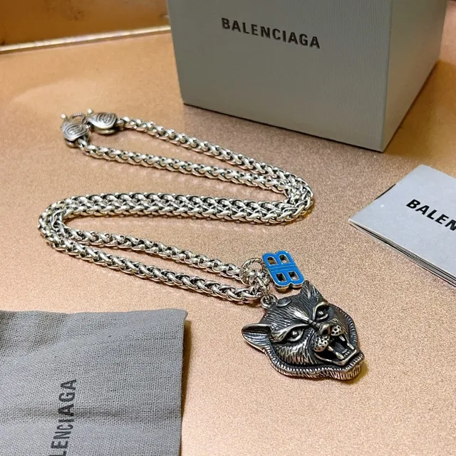 Colar Balenciaga Cabeça de Lobo Prata Azul Grosso Trançada Corrente Esculpido Pingente Colar 2