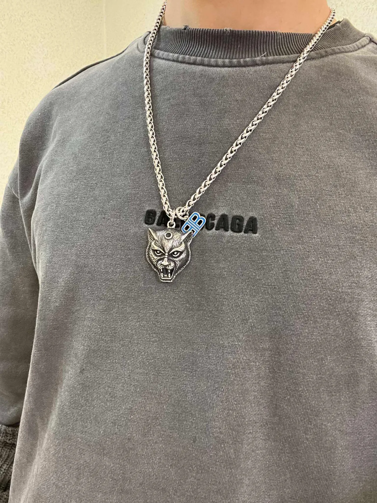 Colar Balenciaga Cabeça de Lobo Prata Azul Grosso Trançada Corrente Esculpido Pingente Colar 5