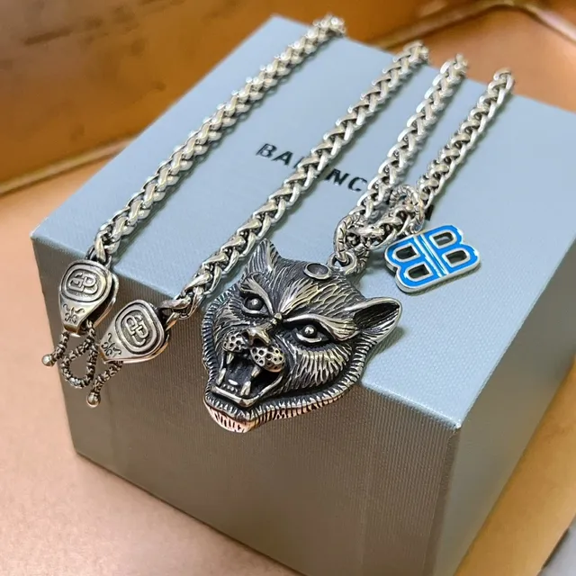 Colar Balenciaga Cabeça de Lobo Prata Azul Grosso Trançada Corrente Esculpido Pingente Colar 3