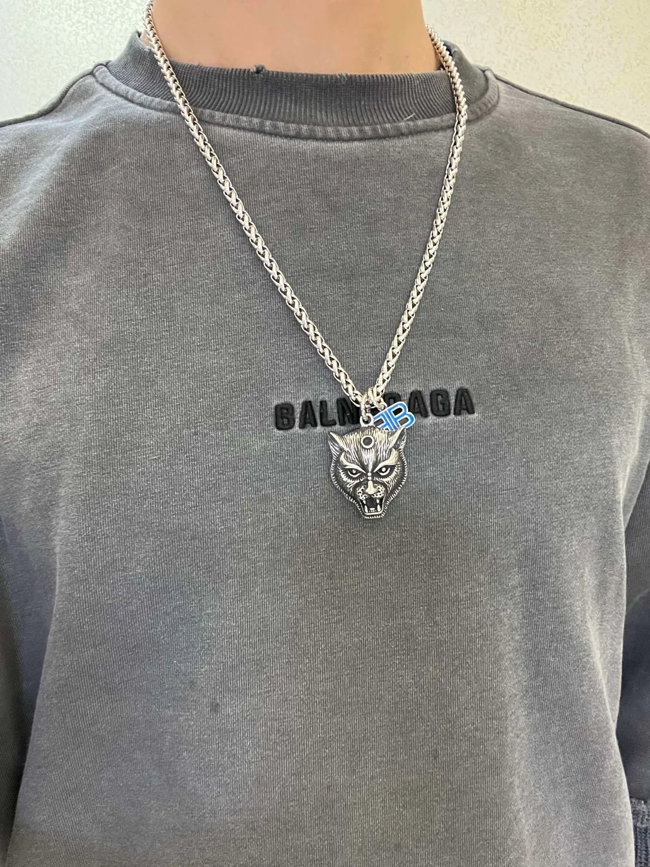 Colar Balenciaga Cabeça de Lobo Prata Azul Grosso Trançada Corrente Esculpido Pingente Colar 6