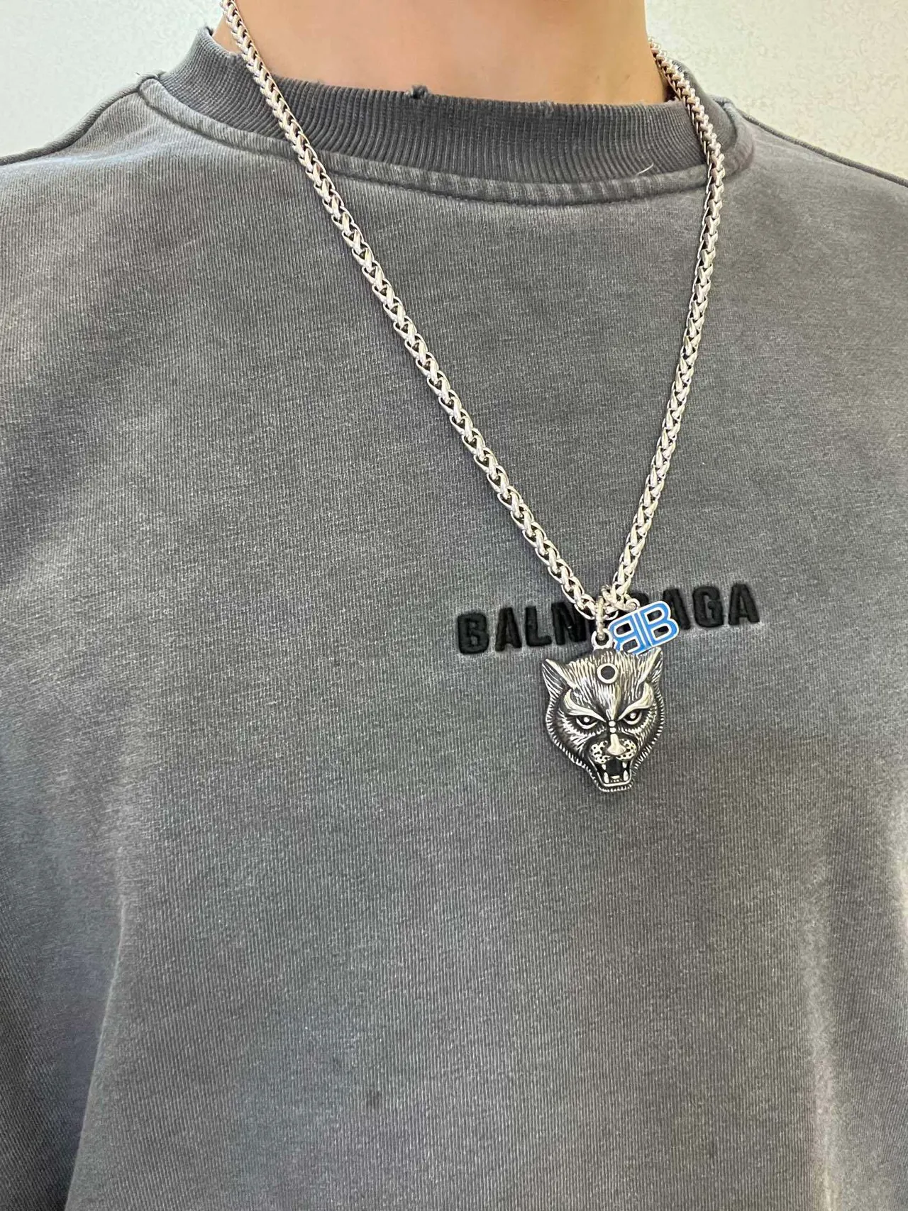 Colar Balenciaga Cabeça de Lobo Prata Azul Grosso Trançada Corrente Esculpido Pingente Colar 8