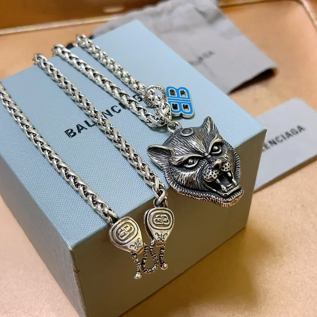 Colar Balenciaga Cabeça de Lobo Prata Azul Grosso Trançada Corrente Esculpido Pingente Colar 9