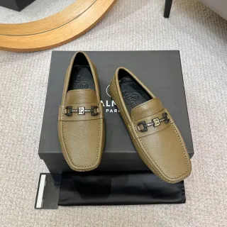 Balmain B-Court Beige Black Pebbled Leather Horsebit-Inspired Metal Hardware Loafer