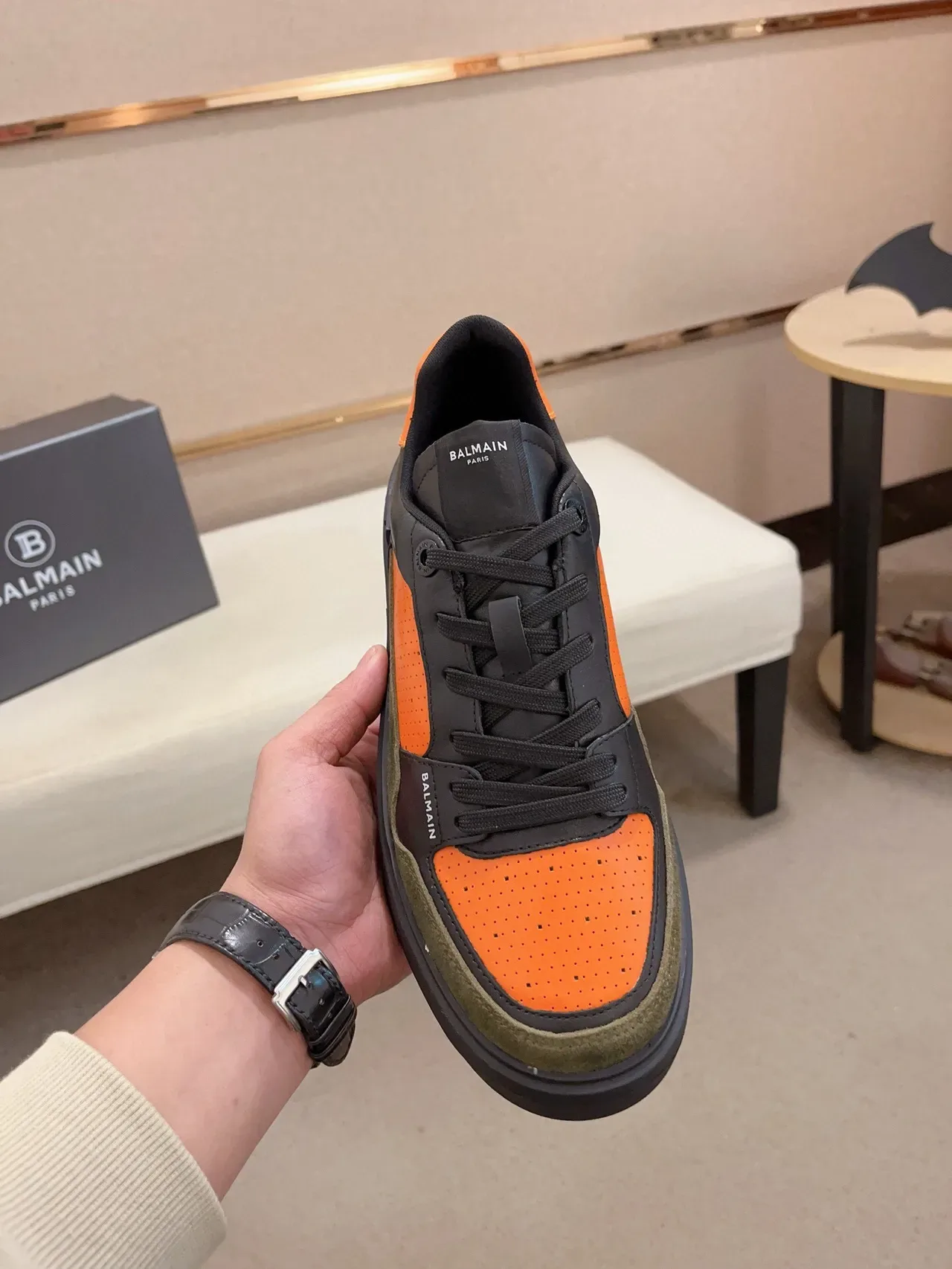 Balmain Black Orange Chunky Platform Sole Perforated Leather Lifestyle Sneakers 2