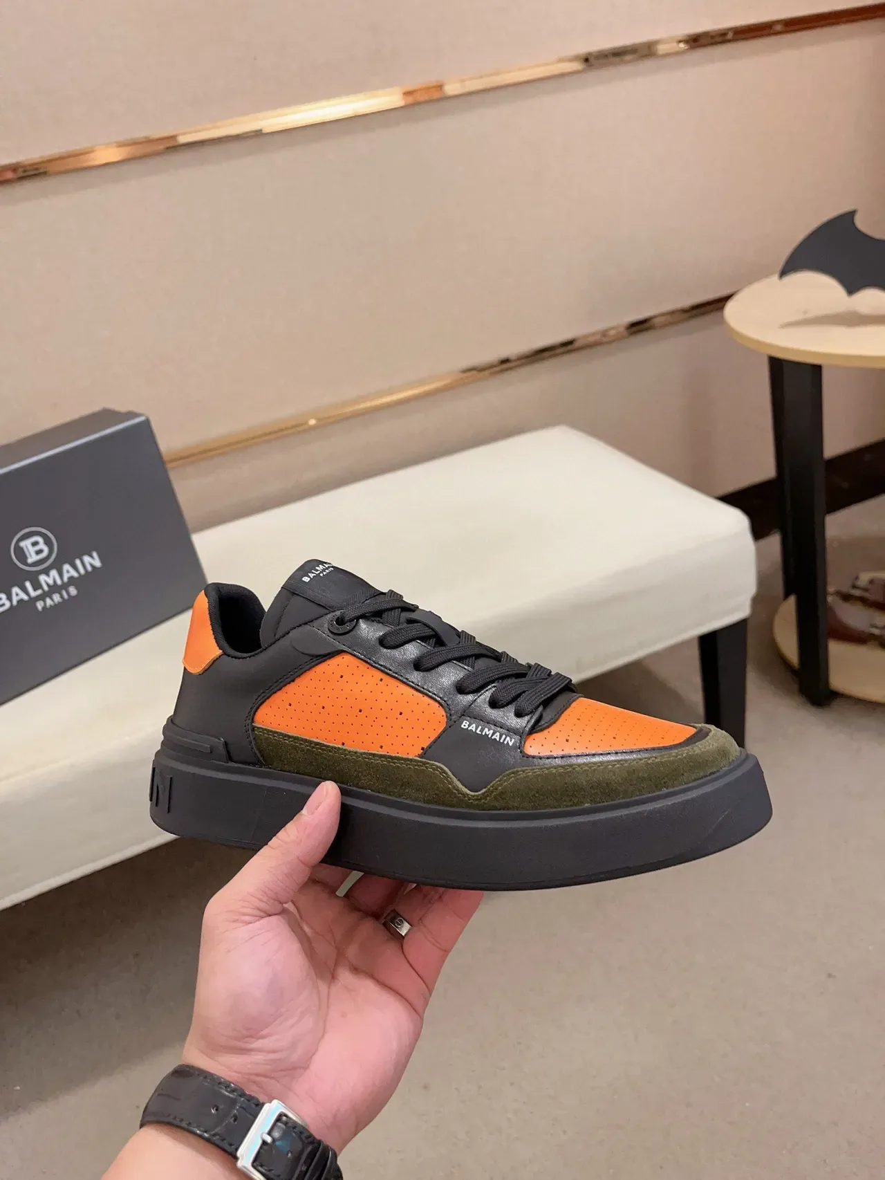 Balmain Black Orange Chunky Platform Sole Perforated Leather Lifestyle Sneakers 4