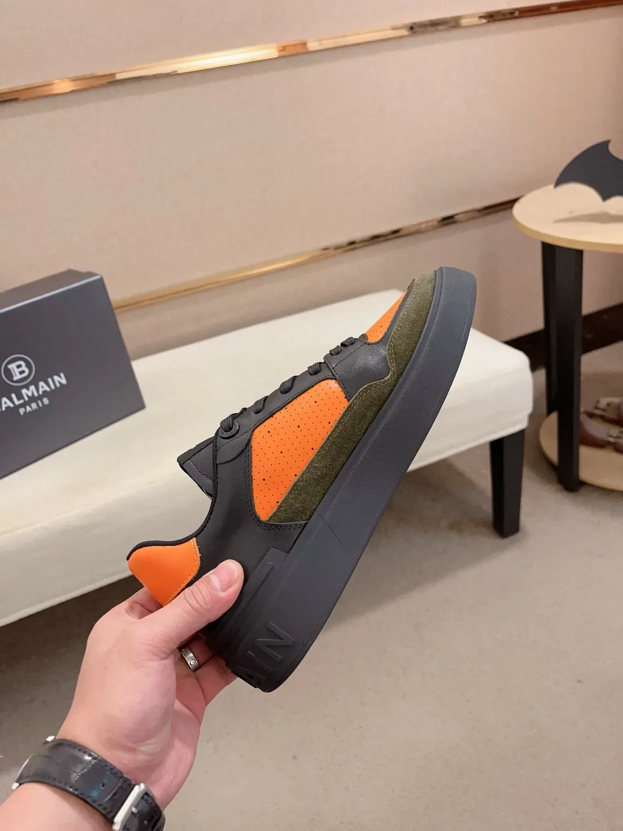 Balmain Black Orange Chunky Platform Sole Perforated Leather Lifestyle Sneakers 5