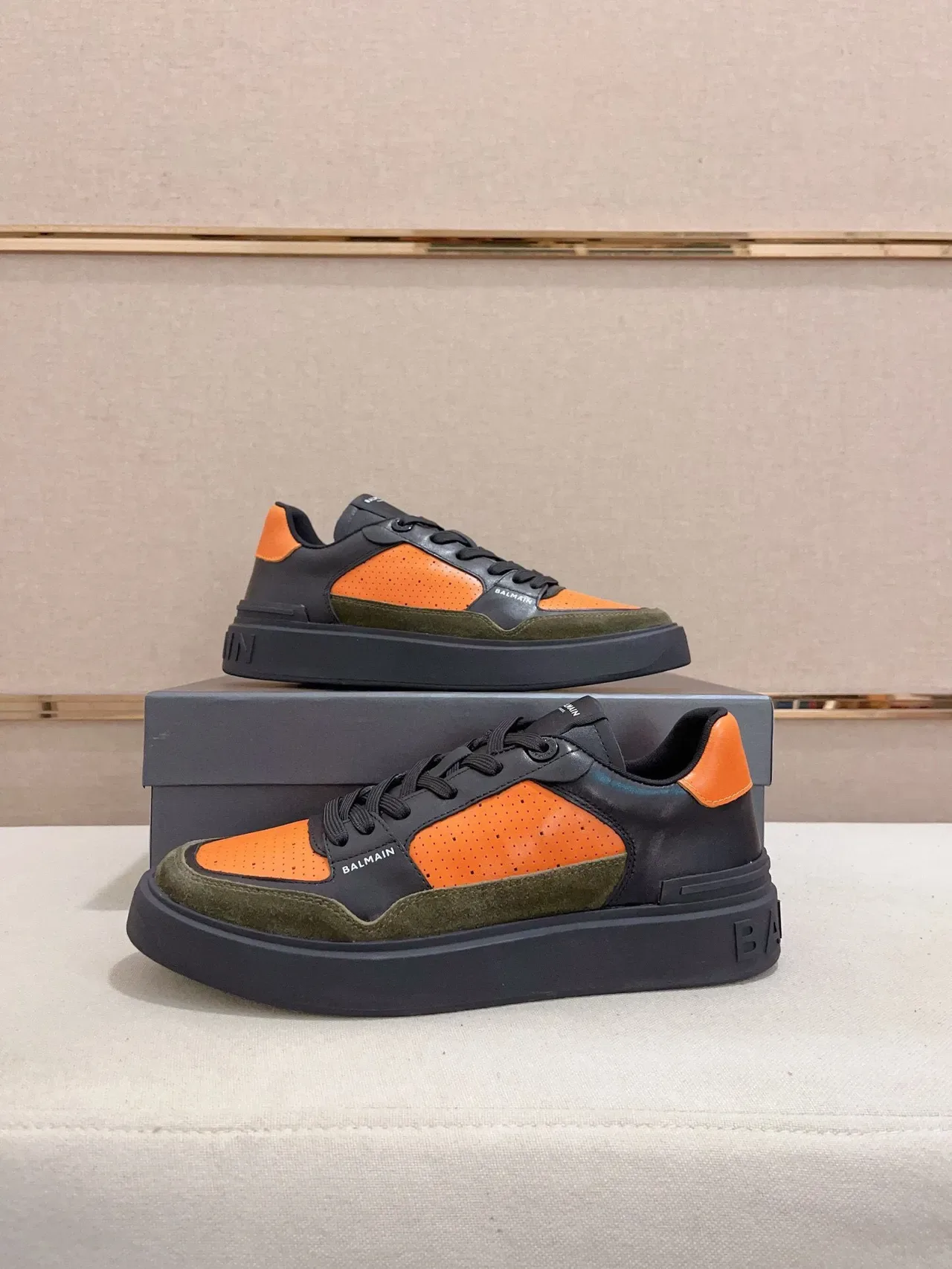 Balmain Black Orange Chunky Platform Sole Perforated Leather Lifestyle Sneakers 7