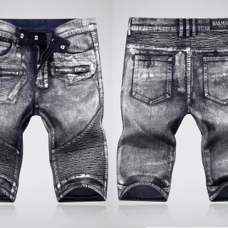 Balmain Distressed Black Moto-Panelled Denim Shorts