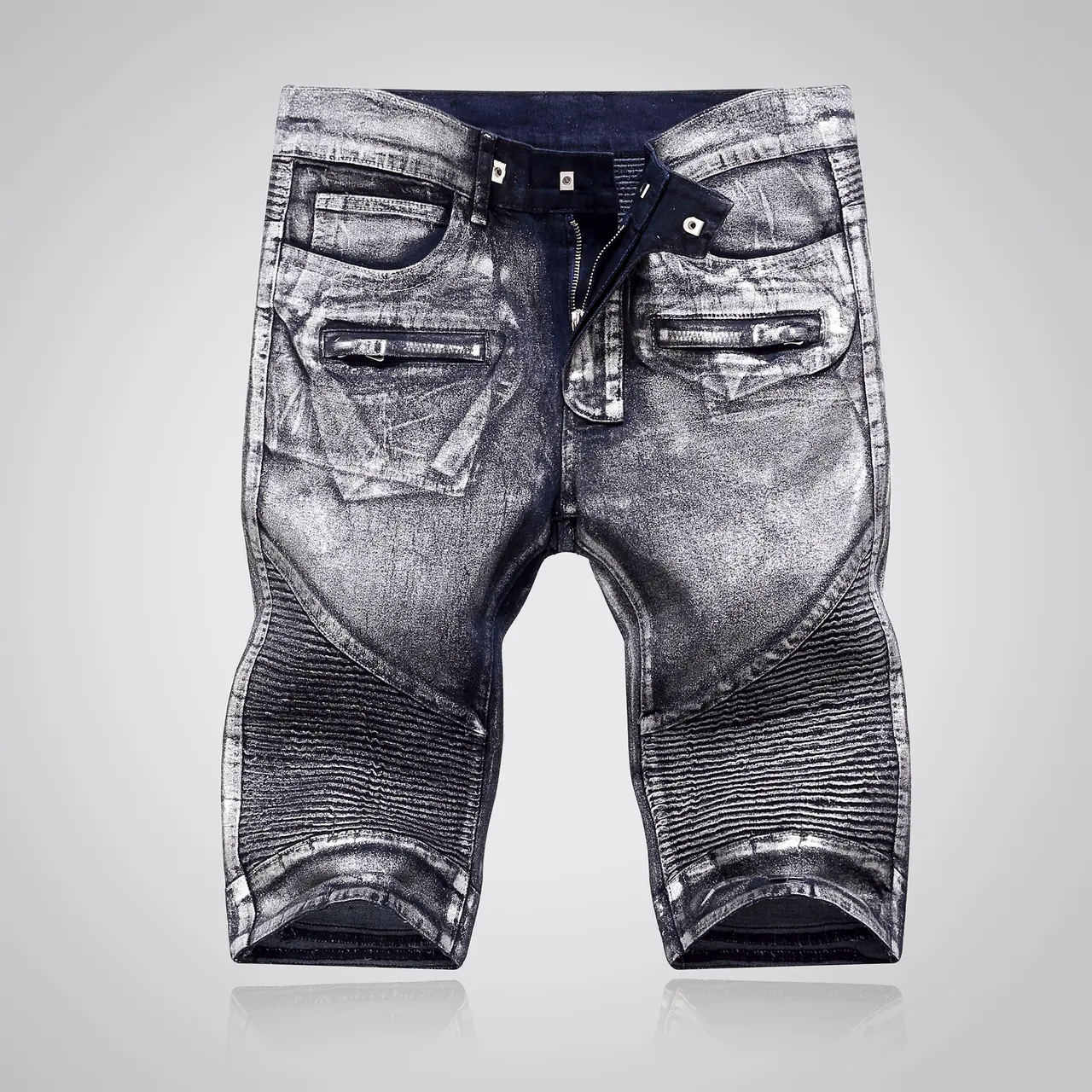 Balmain Distressed Black Moto-Panelled Denim Shorts 18