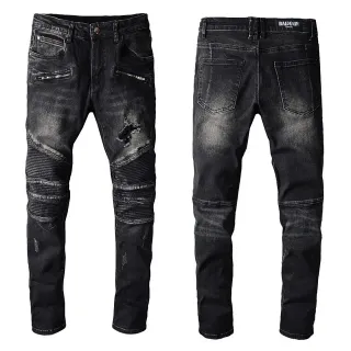 Balmain Distressed Black Moto-Style Zipper Pocket Jeans