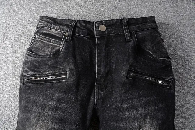 Balmain Distressed Black Moto-Style Zipper Pocket Jeans 7