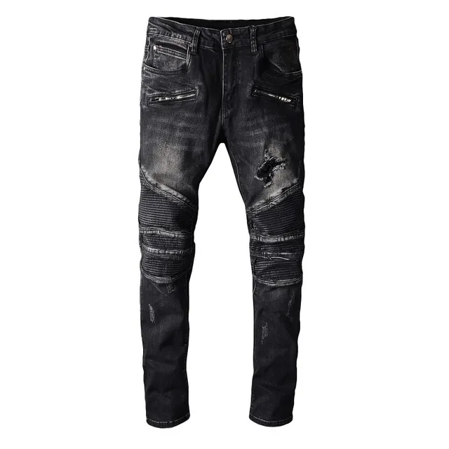 Balmain Distressed Black Moto-Style Zipper Pocket Jeans 8