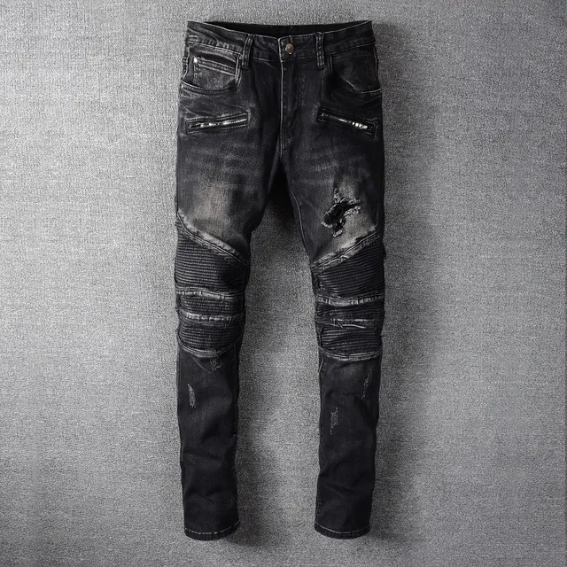 Balmain Distressed Black Moto-Style Zipper Pocket Jeans 9