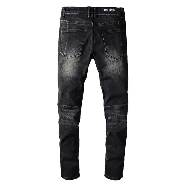 Balmain Distressed Black Moto-Style Zipper Pocket Jeans 14