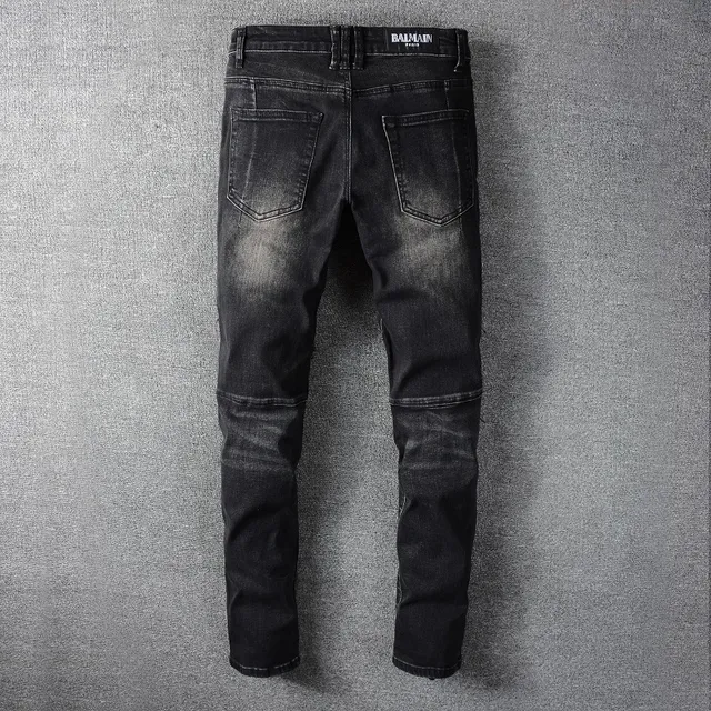 Balmain Distressed Black Moto-Style Zipper Pocket Jeans 15