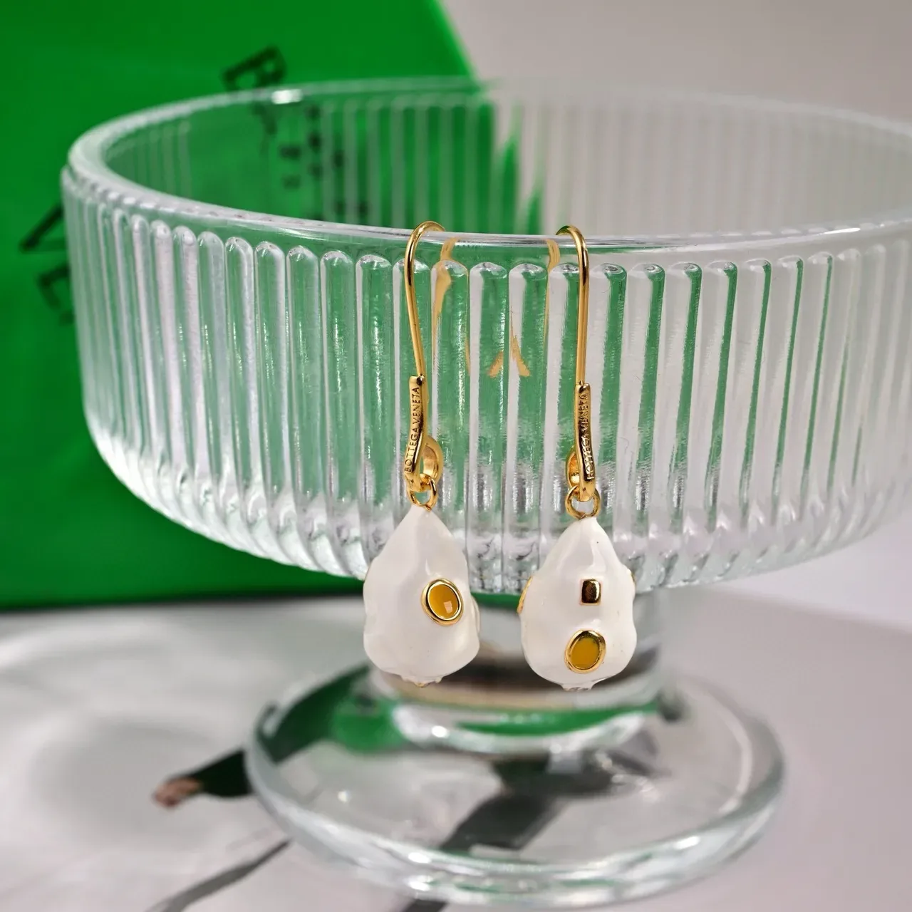 Bottega Veneta Sculptural White Enamel and Gold-Tone Yellow Inlay Earrings 2