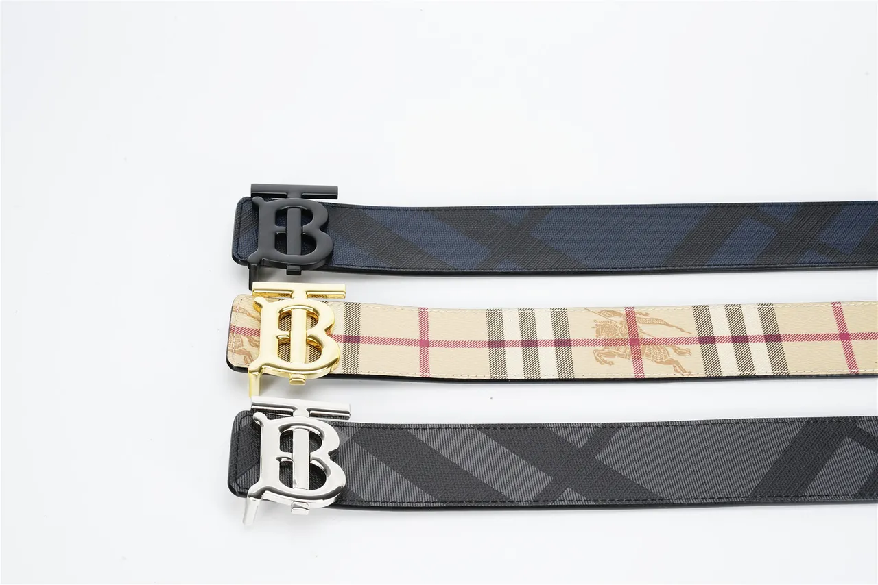 Burberry Black Navy Diagonal Check Pattern Monogram Buckle Leather Belt 3
