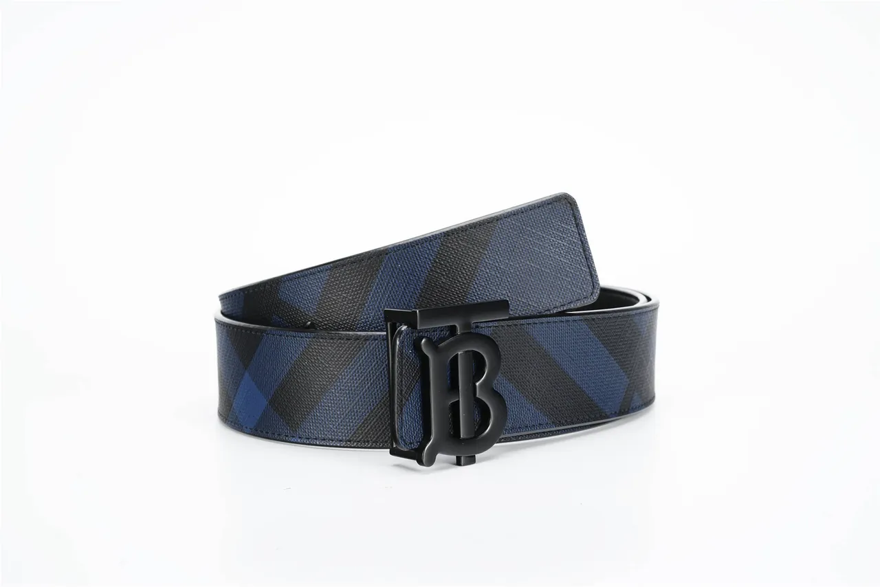 Burberry Black Navy Diagonal Check Pattern Monogram Buckle Leather Belt 5