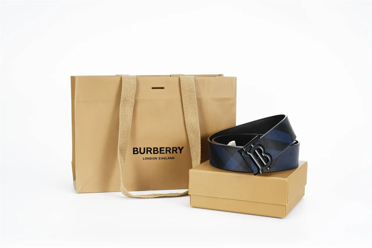 Burberry Black Navy Diagonal Check Pattern Monogram Buckle Leather Belt 6