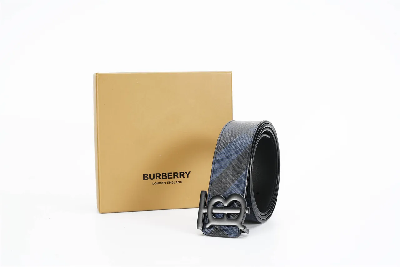 Burberry Black Navy Diagonal Check Pattern Monogram Buckle Leather Belt 7