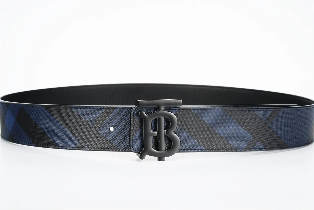 Burberry Black Navy Diagonal Check Pattern Monogram Buckle Leather Belt 8