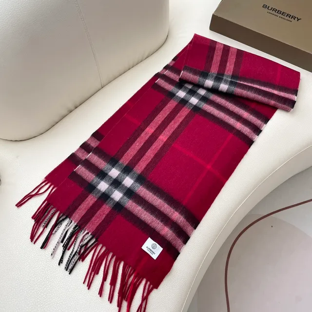 Burberry Bordeaux Multicolore Motif Classique à Carreaux Bordures à Franges Écharpe en Cachemire 5
