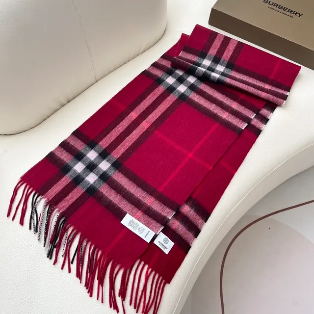 Burberry Bordeaux Multicolore Motif Classique à Carreaux Bordures à Franges Écharpe en Cachemire 6