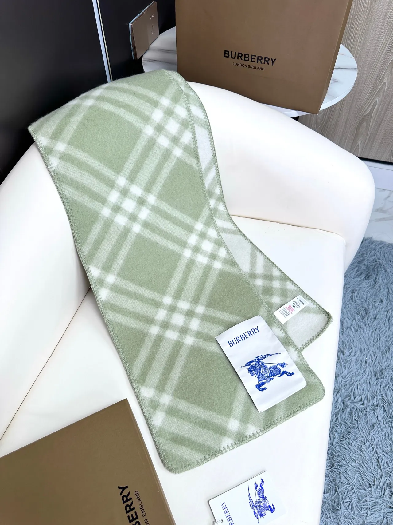 Burberry Cachecol Xadrez Plaid Verde Bege Aparência Lã Misturada Cachecol Caxemira 5