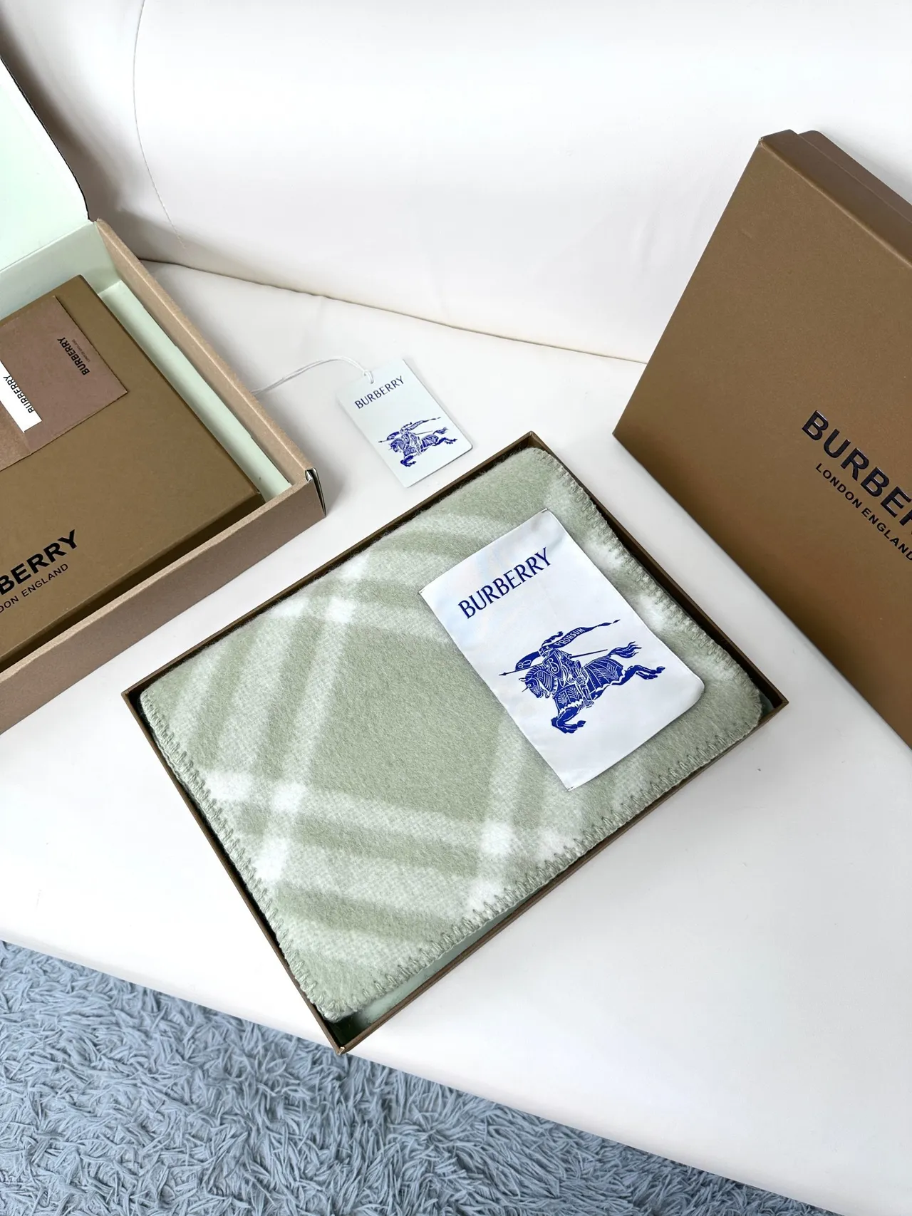 Burberry Cachecol Xadrez Plaid Verde Bege Aparência Lã Misturada Cachecol Caxemira 6