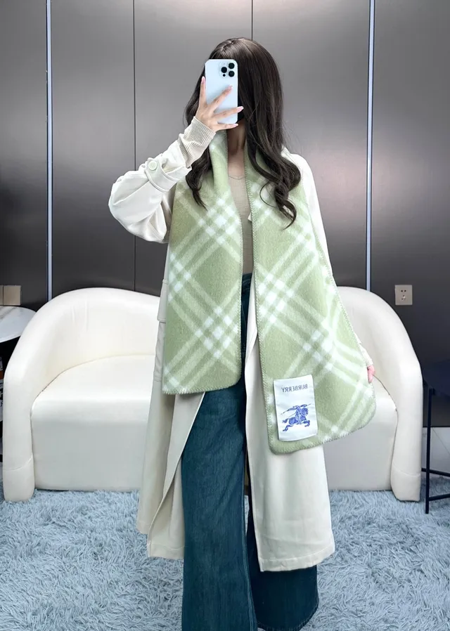 Burberry Cachecol Xadrez Plaid Verde Bege Aparência Lã Misturada Cachecol Caxemira 8