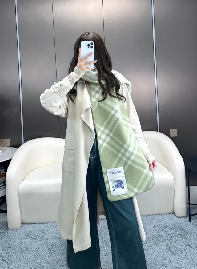Burberry Cachecol Xadrez Plaid Verde Bege Aparência Lã Misturada Cachecol Caxemira 9
