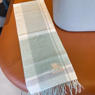 Burberry Green Beige Plaid Check Pattern Embroidered Logo Cashmere Scarf