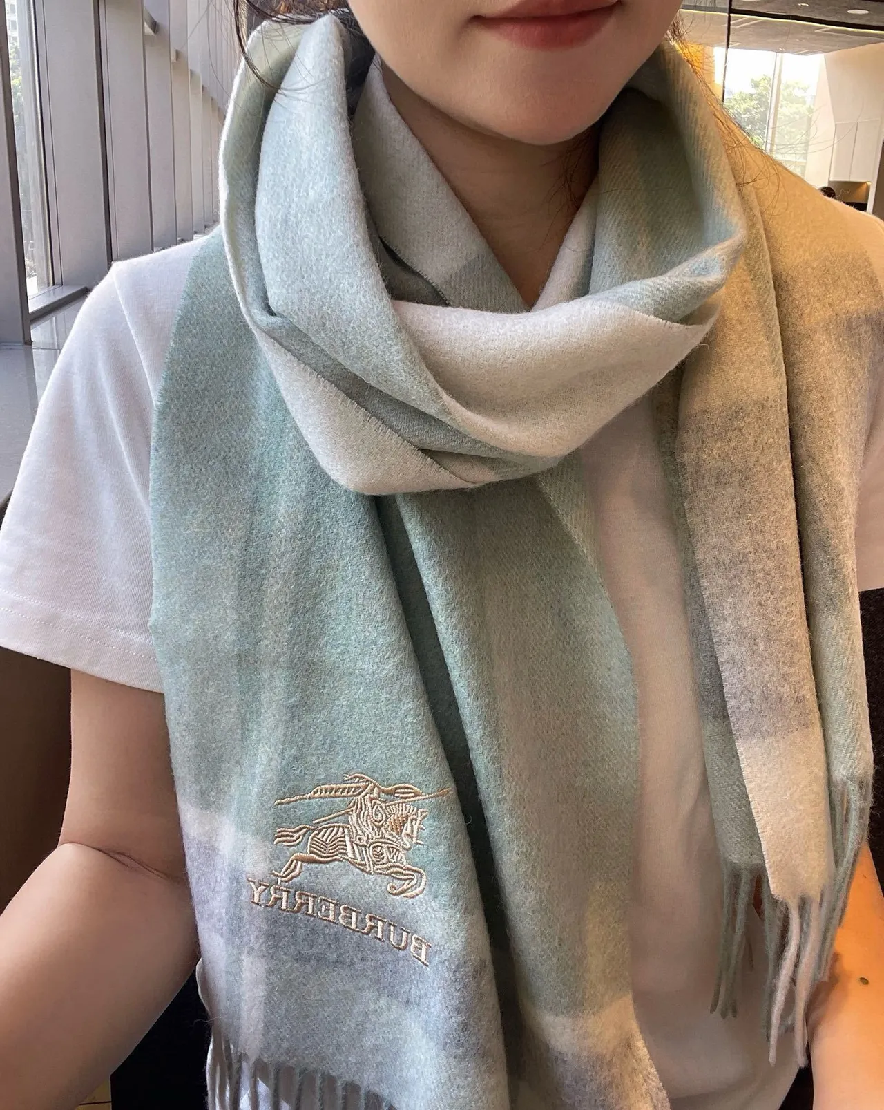 Burberry Vert Beige Motif à Carreaux Brodé Logo Écharpe Cachemire 2
