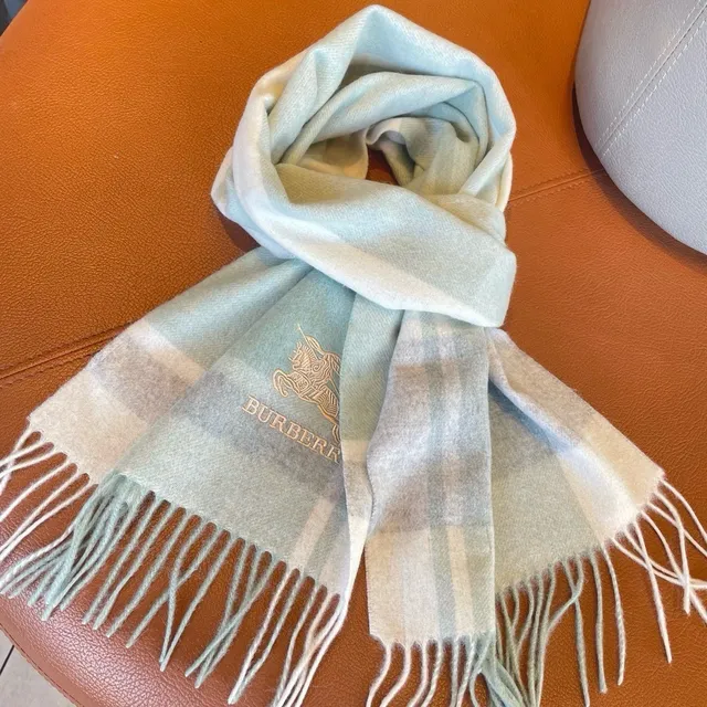 Burberry Vert Beige Motif à Carreaux Brodé Logo Écharpe Cachemire 7