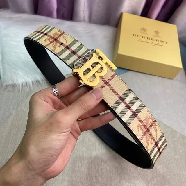 Burberry Knight Ceinture en cuir Beige doré TB Monogram Buckle imprimé classique à carreaux 3